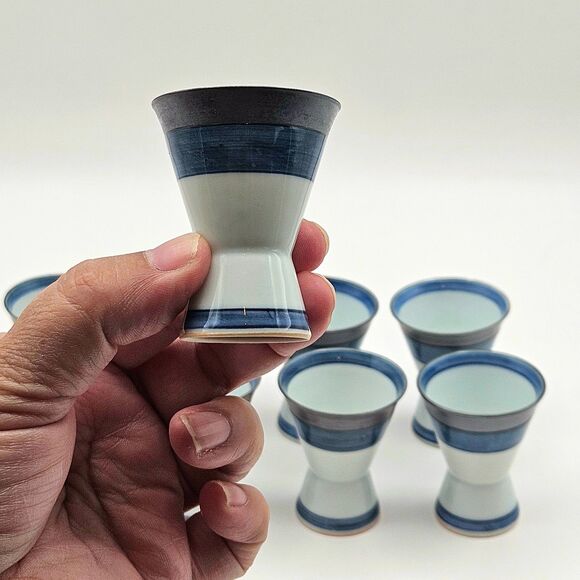 Japanese Hand Decorated Blue Silver White Sake Cups Set of 8 with Box - Picture 4 of 10
